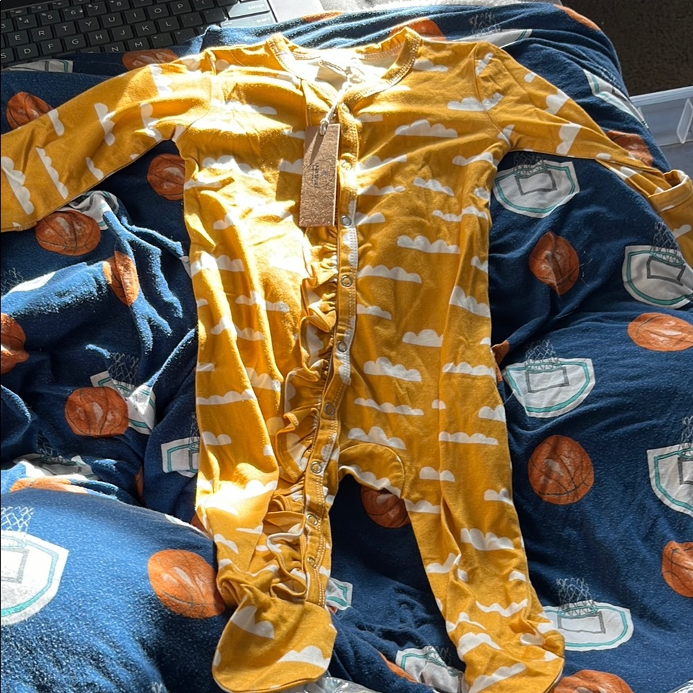 Kids One-Piece Footed Pajamas in Mustard Yellow with Cloud Print
